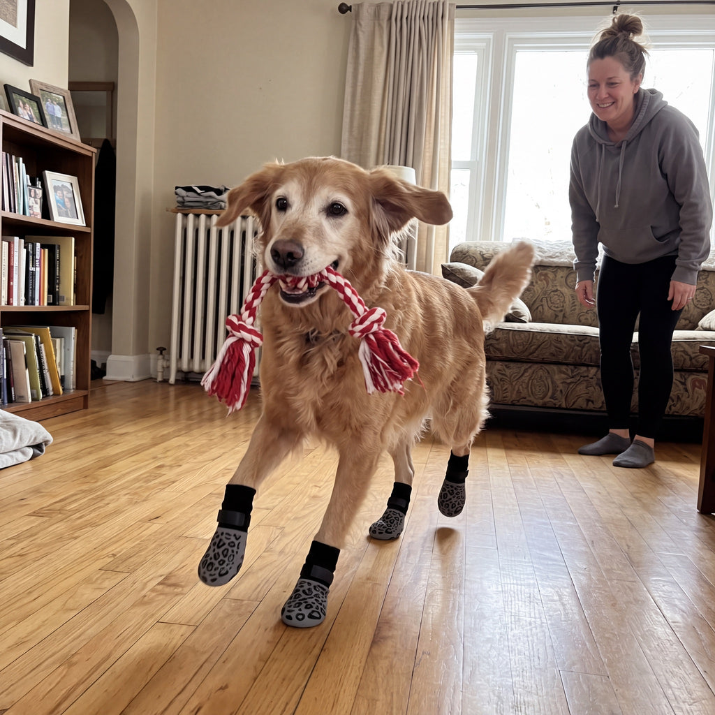 Dog playing with a rope toy while wearing NorthPup Non-Slip Socks